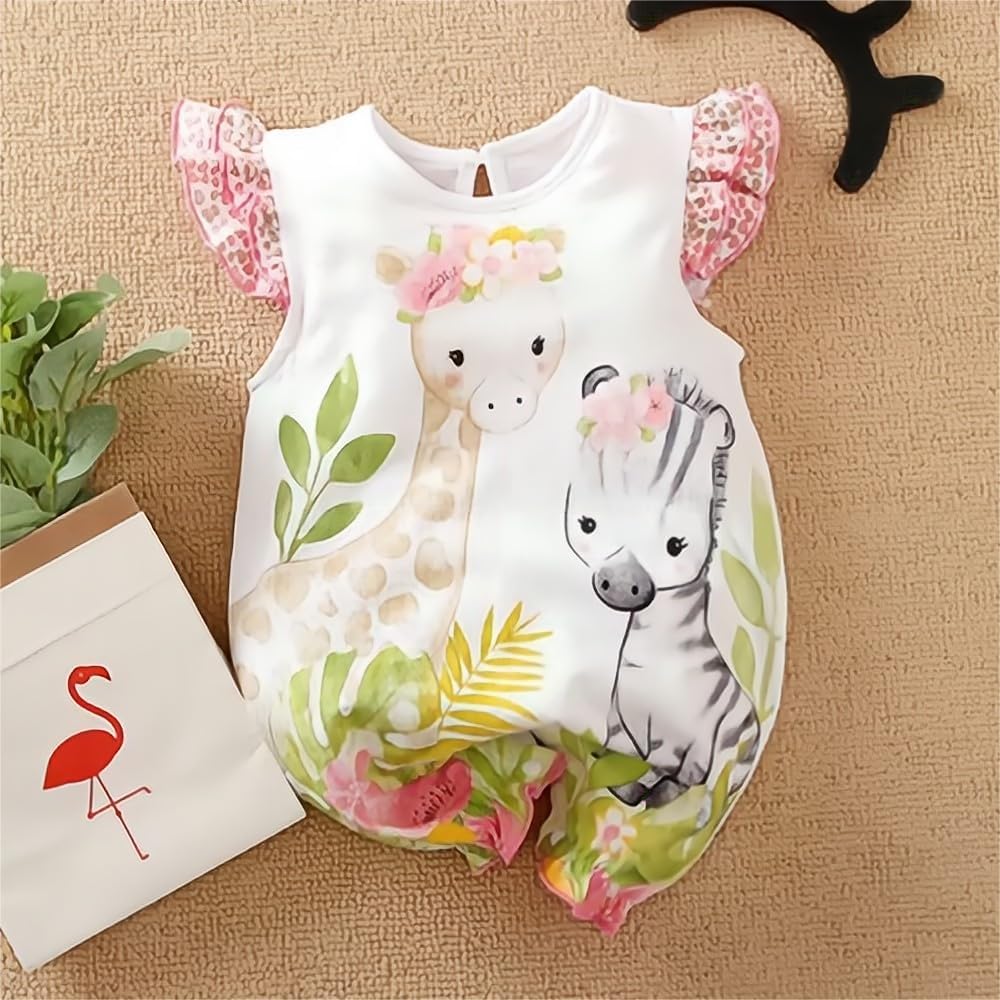 Aoswep - Cute Giraffe + Zebra With Floral Print Long Sleeve Baby Girl Clothes White Jumpsuit For Baby One-Piece Romper - Image 2